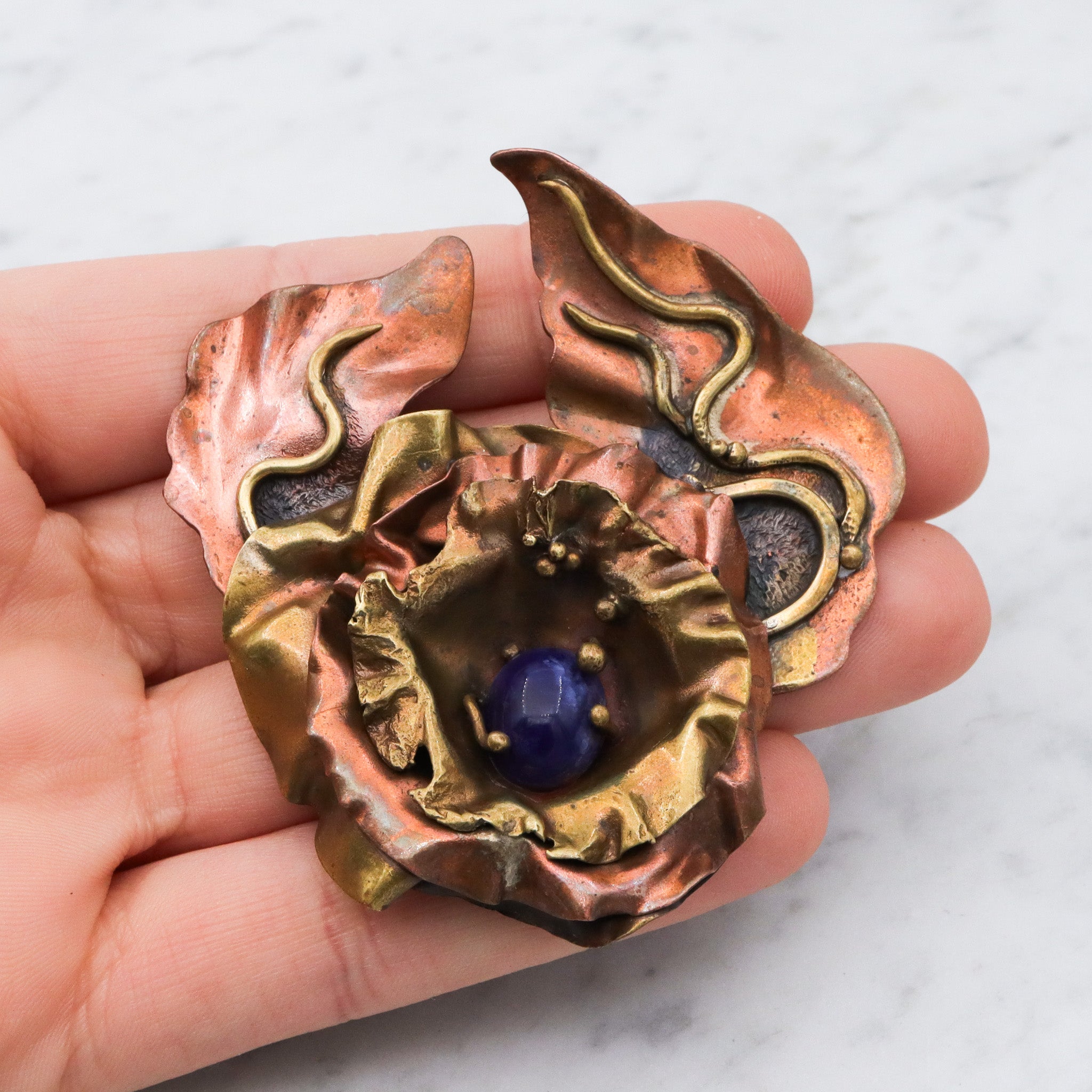 Large 80's brass & copper handmade brooch with sodalite center